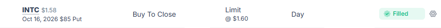 INTC 85 put buy to close 1.60